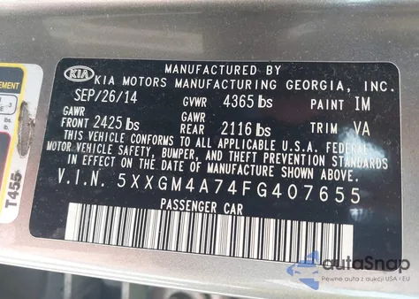 2015 Kia Optima Lx from USA, damaged, VIN 5XXGM4A74FG407655